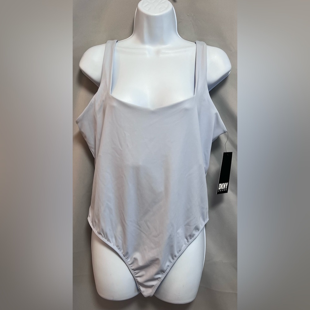 DKNY Jeans Frost Blu Sleeveless Squared Neck Nylon Thong back Bodysuit-NWT Large